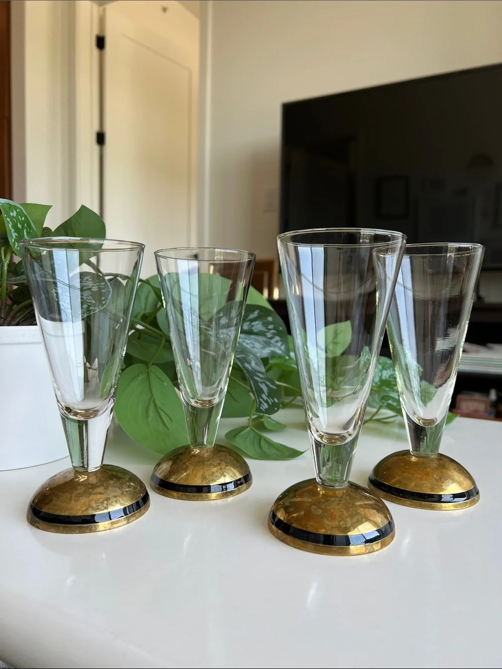 Pier 1 Handblown Glass Brass Cocktail Glasses Set of 4 Vintage